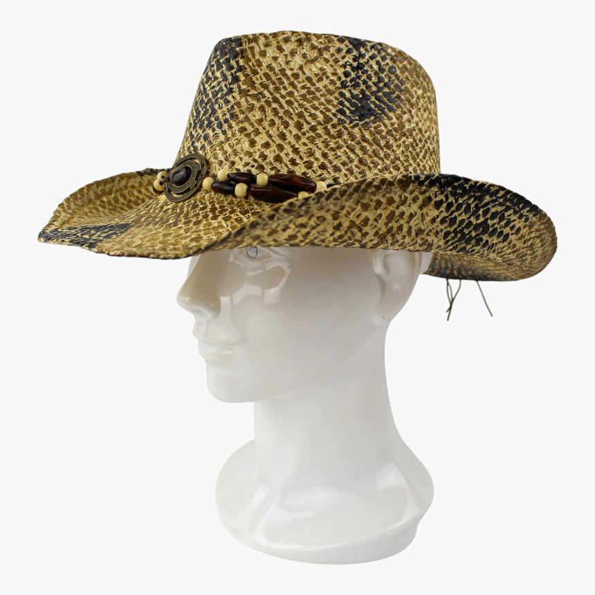 Amber-Tone Straw Western hat, at a three-quarter angle showing the wood-tone beads alternating with cream round spacers