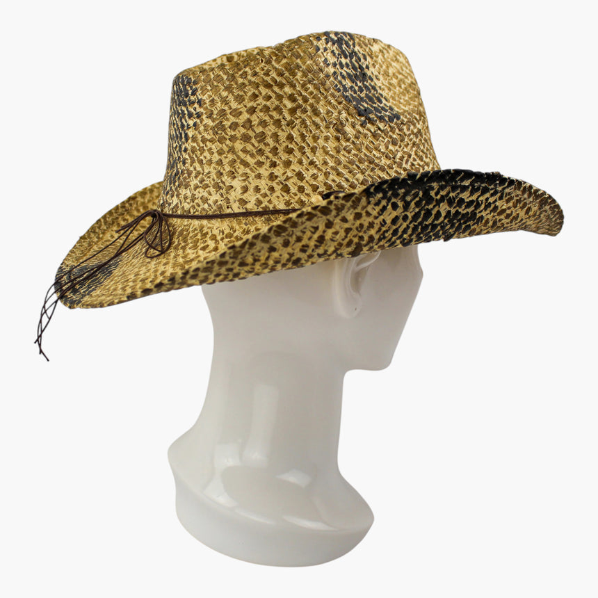 Amber-Tone Straw Western hat, in profile showing the thin cord tie bowed toward the back with its ends loose