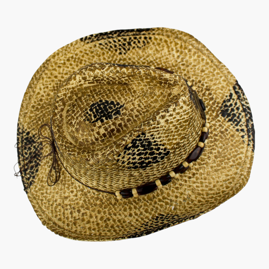 Amber-Tone Straw Western hat, seen from above showing the solid unbroken weave of the crown top