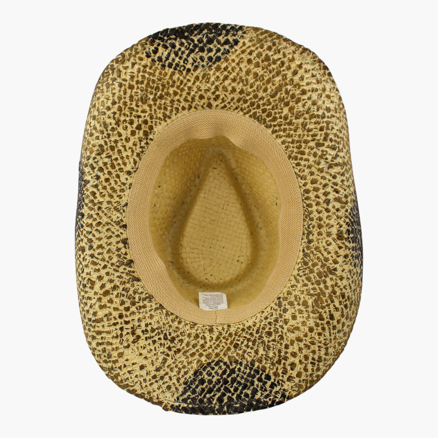 Amber-Tone Straw Western hat, underside showing the sweatband and the closed interior crown