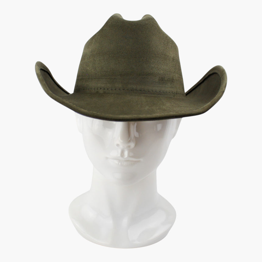 Army-Green Faux-Suede Western hat, front view showing the crease dead-on with the brim dipping at center front