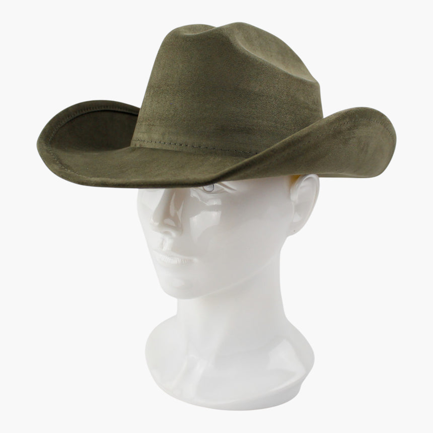 Army-Green Faux-Suede Western hat, at a three-quarter angle showing the brim curling upward with the crown front visible