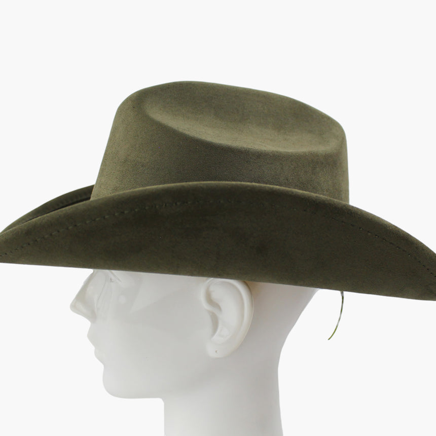 Army-Green Faux-Suede Western hat, in profile showing the adjuster cord emerging from under the brim at the side