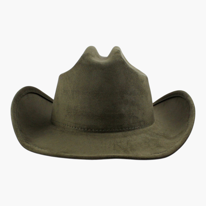 Army-Green Faux-Suede Western hat, back view showing the crown and curled brim with nothing at the crown base