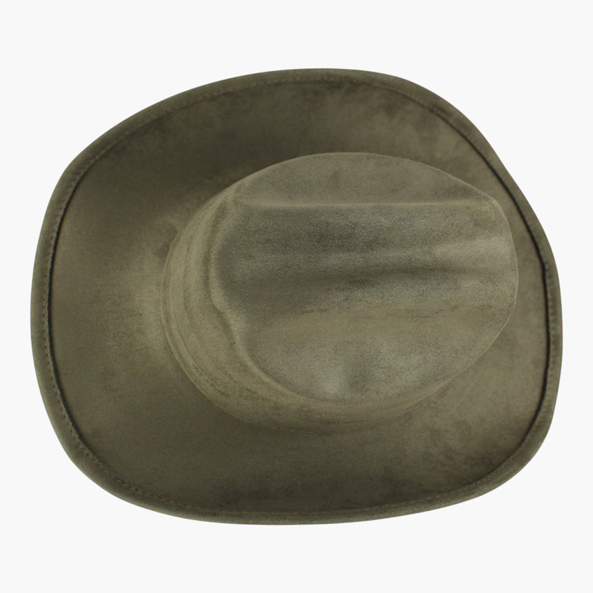 Army-Green Faux-Suede Western hat, seen from above showing the crease channel with a side dent to either hand