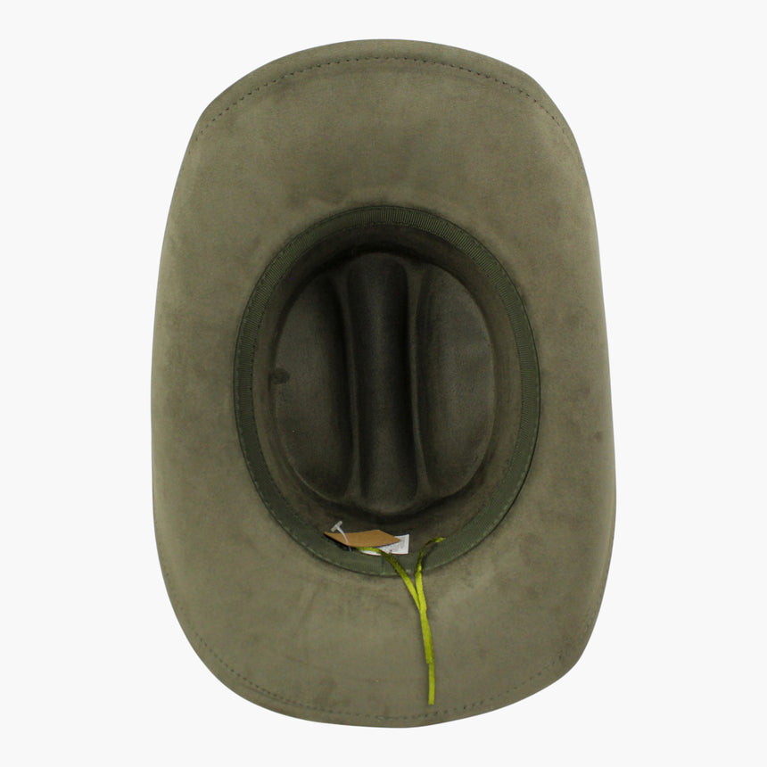 Army-Green Faux-Suede Western hat, underside showing the sweatband with a bright chartreuse adjuster cord knotted at the back