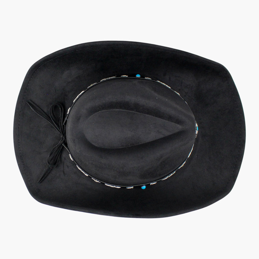 Arrow-Stitch Faux-Suede Western hat, seen from above showing the cord ties lying bowed across the brim at the back