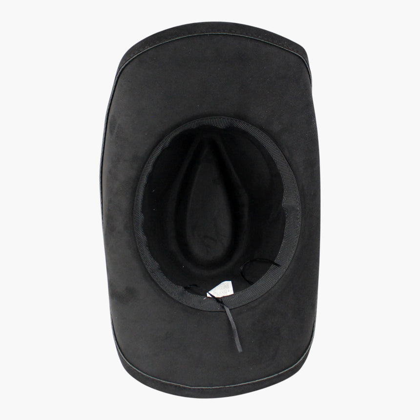 Arrow-Stitch Faux-Suede Western hat, underside showing the grosgrain sweatband and the adjuster cord