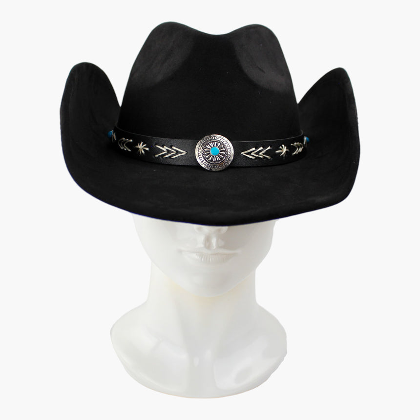 Arrow-Stitch Faux-Suede Western hat, front view showing the round sunburst concho and its turquoise-dot center