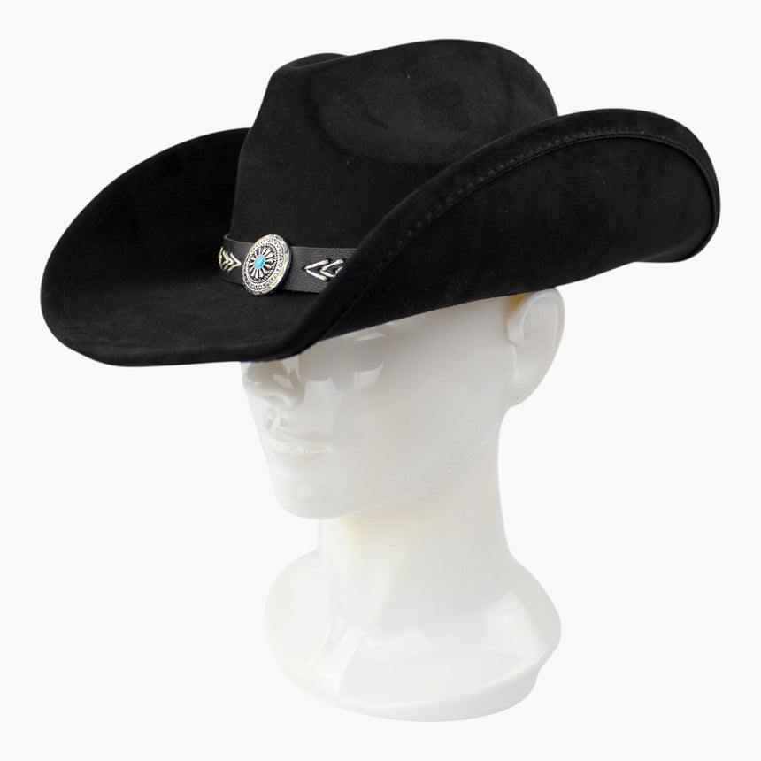 Arrow-Stitch Faux-Suede Western hat, at a three-quarter angle showing the arrow and chevron stitching along the strap