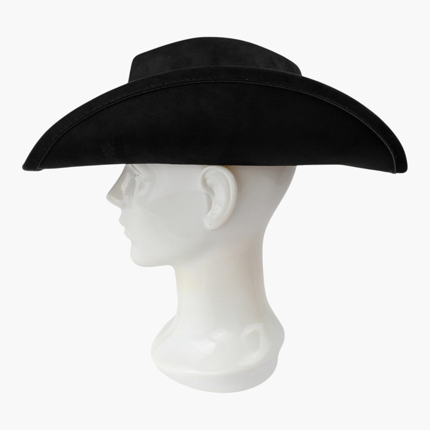Arrow-Stitch Faux-Suede Western hat, in profile showing the full side-to-side sweep of the brim with the strap out of view