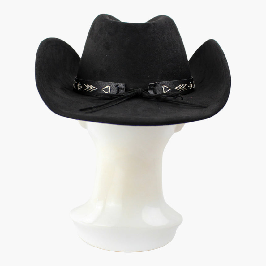 Arrow-Stitch Faux-Suede Western hat, back view showing the strap ends laced and bowed with cord at center back