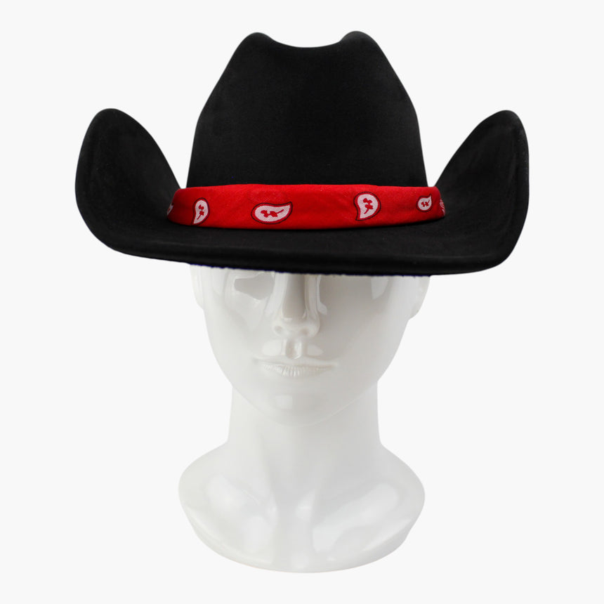 Bandana-Wrap Faux-Suede Western hat, front view showing the smooth uninterrupted bandana wrap with no knot