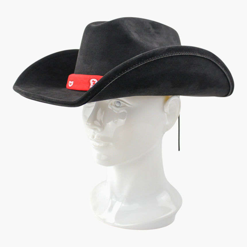 Bandana-Wrap Faux-Suede Western hat, at a three-quarter angle showing the bandana disappearing behind the upturned brim