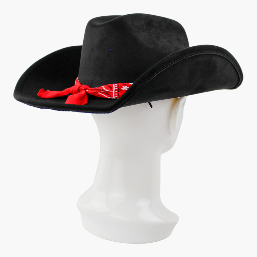 Bandana-Wrap Faux-Suede Western hat, at a rear three-quarter angle showing the bandana knotted with two loose tails