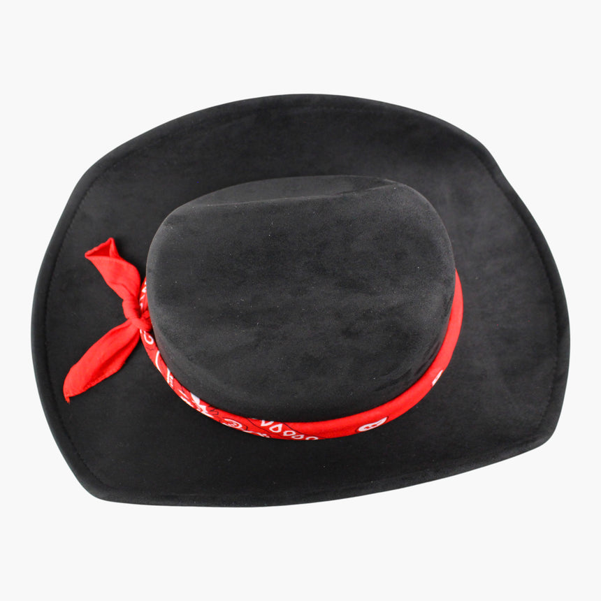 Bandana-Wrap Faux-Suede Western hat, seen from above showing the knot sitting on the side of the crown, forward of the back