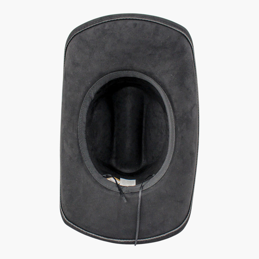 Bandana-Wrap Faux-Suede Western hat, underside showing the grosgrain sweatband with the cord beneath