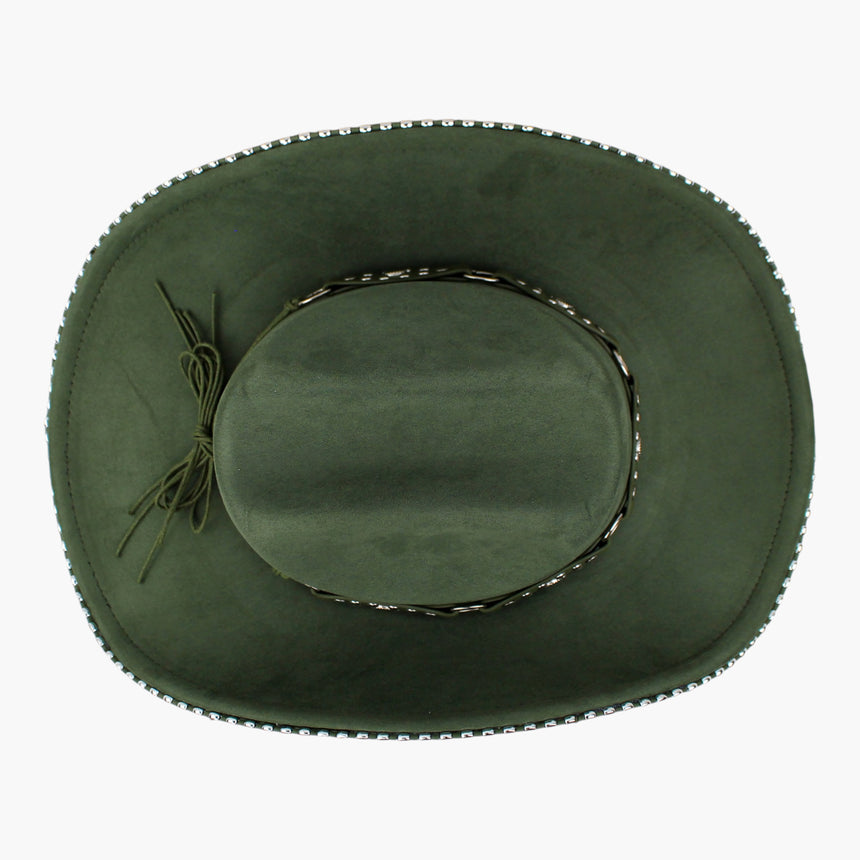 Beaded-Brim Faux-Suede Western hat, Olive Green colorway seen from above showing the ball chain tracing the full brim edge
