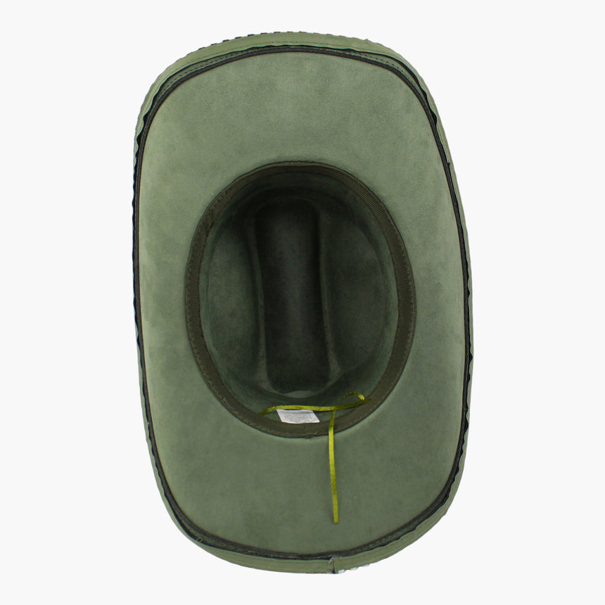 Beaded-Brim Faux-Suede Western hat, underside of the Olive Green colorway showing the sweatband and the adjuster cord inside