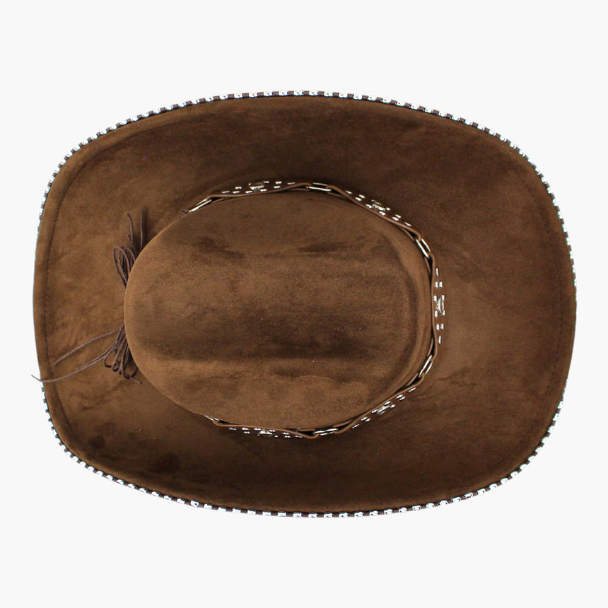 Beaded-Brim Faux-Suede Western hat, Brown colorway seen from above showing the pinch-front crease with the concho band below