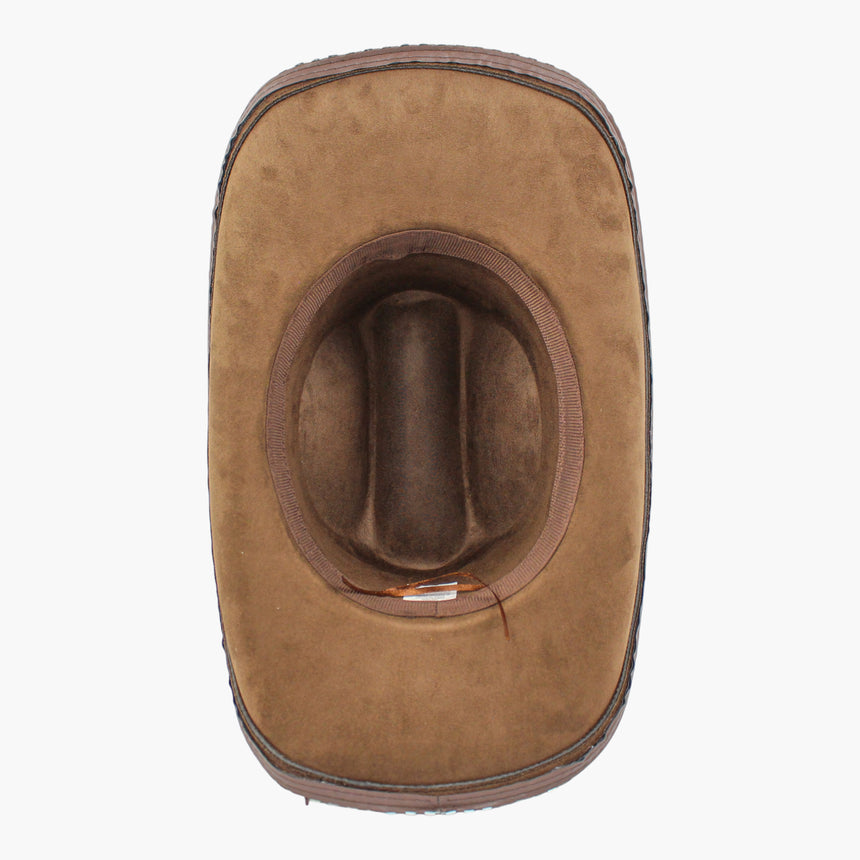 Beaded-Brim Faux-Suede Western hat, underside of the Brown colorway showing the curled brim wrapping around the sweatband
