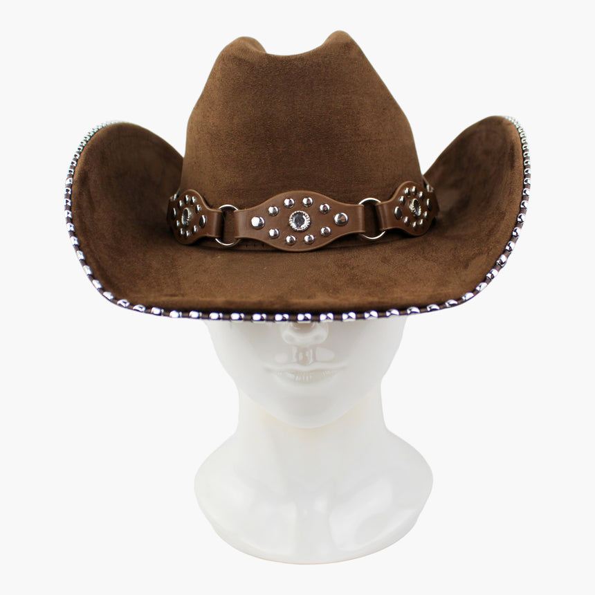 Beaded-Brim Faux-Suede Western hat, front view of the Brown colorway showing the rhinestone at the heart of the concho