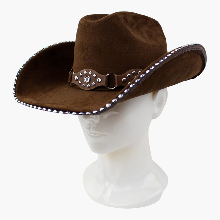 Beaded-Brim Faux-Suede Western hat, Brown colorway at a three-quarter angle showing the O-ring links joining the band