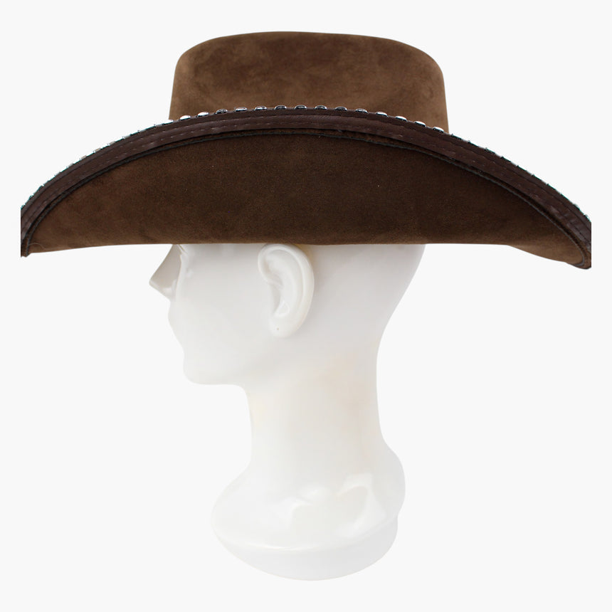Beaded-Brim Faux-Suede Western hat, Brown colorway in profile showing the dome studs marching along the band