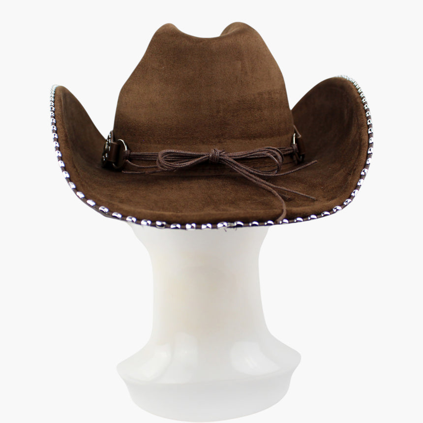 Beaded-Brim Faux-Suede Western hat, back view of the Brown colorway showing the tonal cord ties bowed at the back