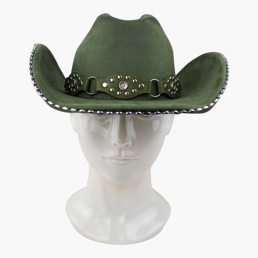 Beaded-Brim Faux-Suede Western hat, front view of the Olive Green colorway showing the pointed concho band at center front
