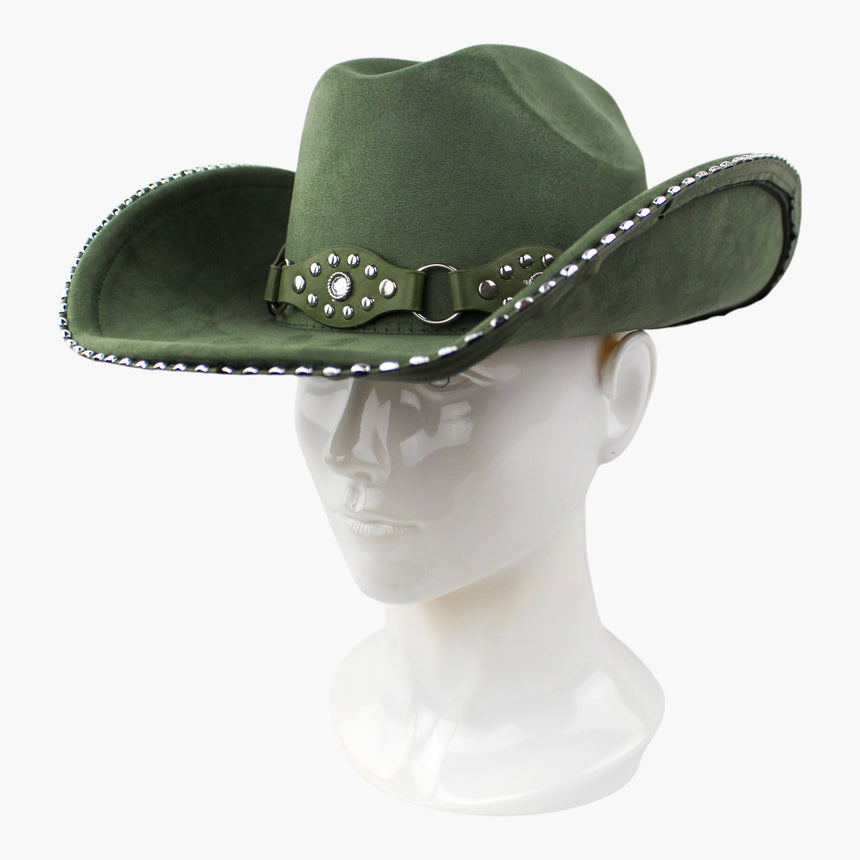 Beaded-Brim Faux-Suede Western hat, Olive Green colorway at a three-quarter angle showing the band curving down to the brim