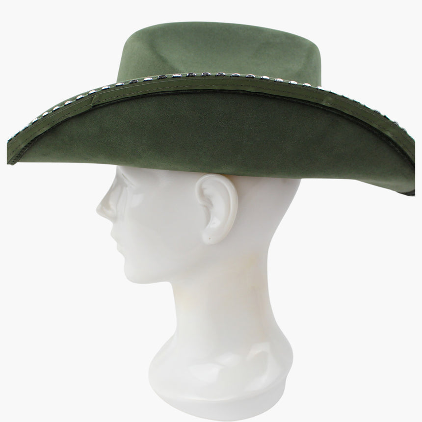Beaded-Brim Faux-Suede Western hat, Olive Green colorway in profile showing the crown crease above the ball-chain edging