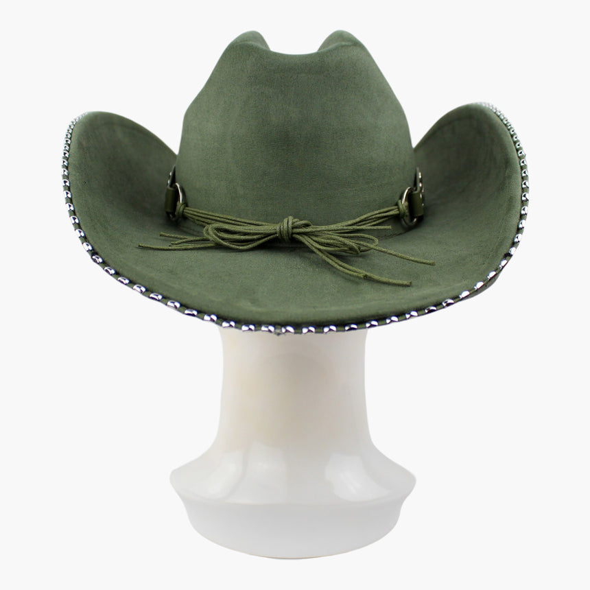 Beaded-Brim Faux-Suede Western hat, back view of the Olive Green colorway showing the cord ties knotted between the band ends