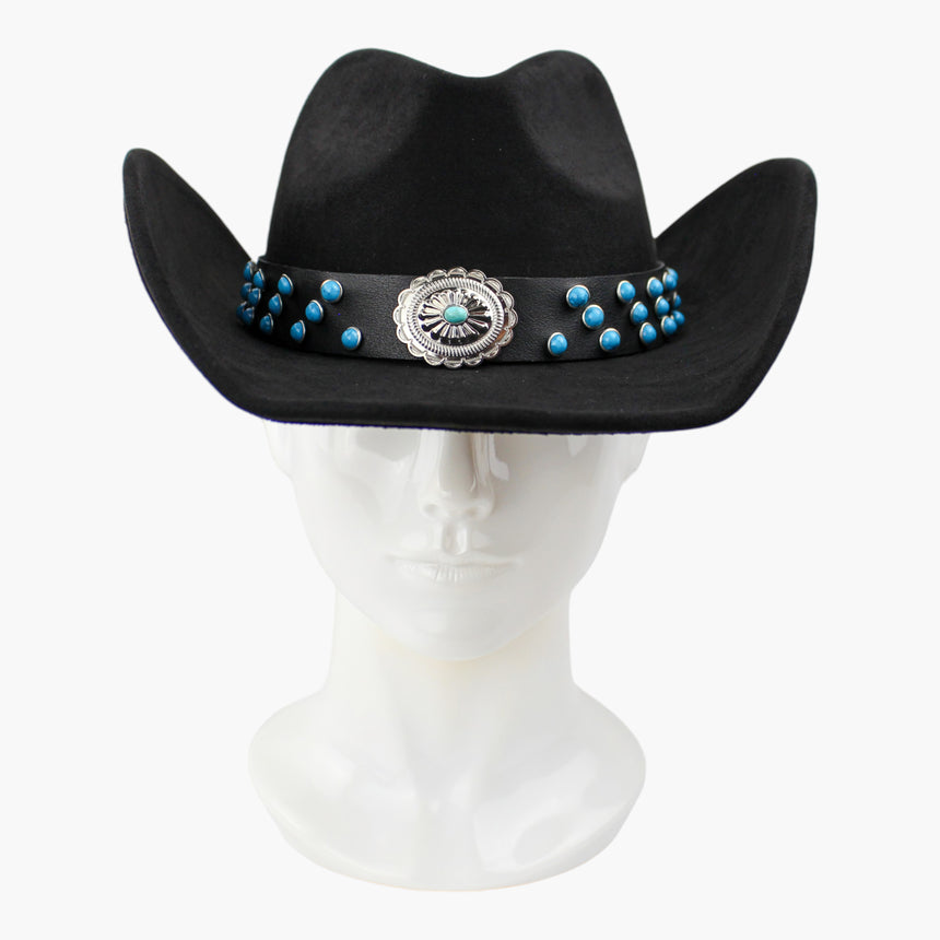 Black-Concho Faux-Suede Western hat, front view showing the scalloped concho and its turquoise-tone oval center