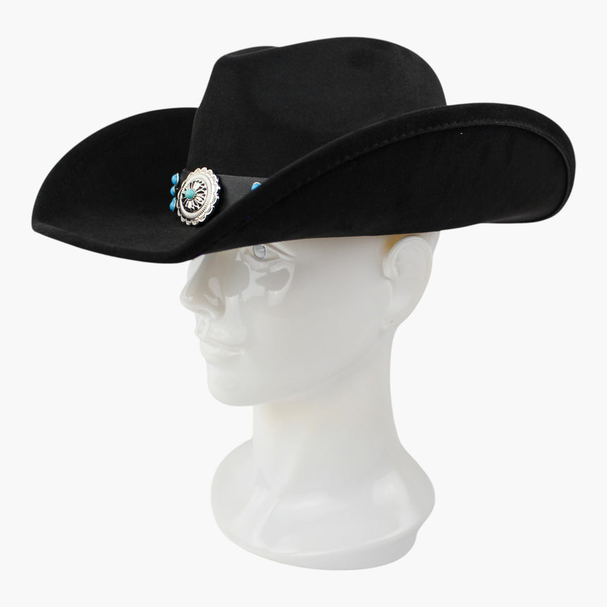Black-Concho Faux-Suede Western hat, at a three-quarter angle showing the turquoise-dot stud clusters back from the concho