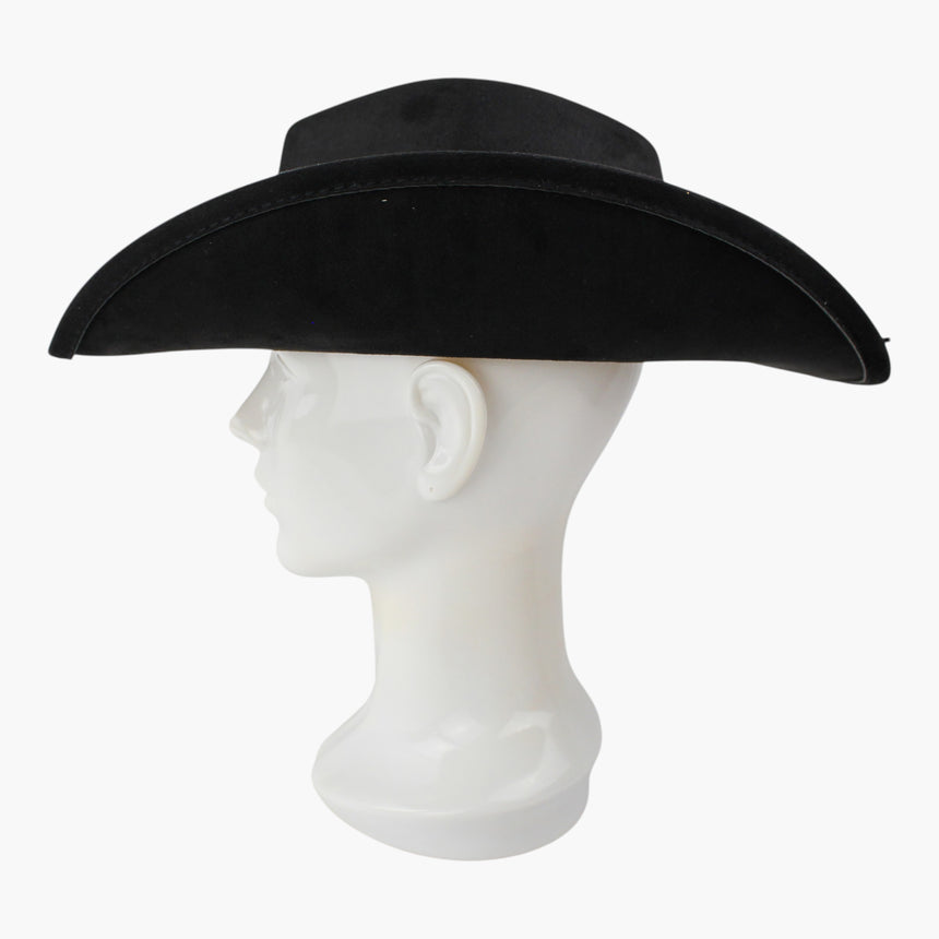 Black-Concho Faux-Suede Western hat, in profile showing the swept brim side line with the band behind it