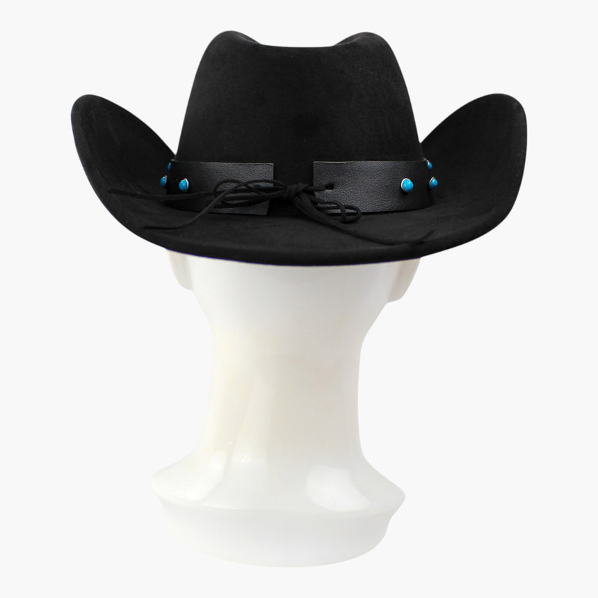 Black-Concho Faux-Suede Western hat, back view showing the cord ties bowed where the strap ends meet