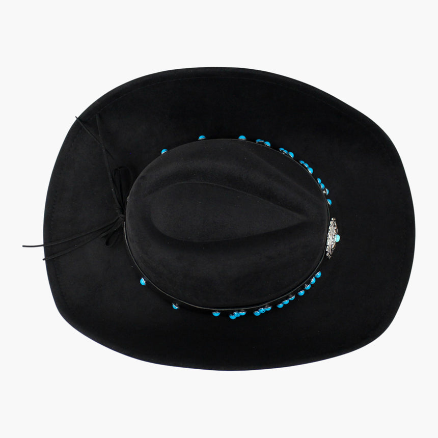 Black-Concho Faux-Suede Western hat, seen from above showing the stud clusters and concho ringing the crown base