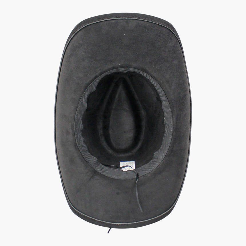 Black-Concho Faux-Suede Western hat, underside showing the black sweatband with the adjuster cord below
