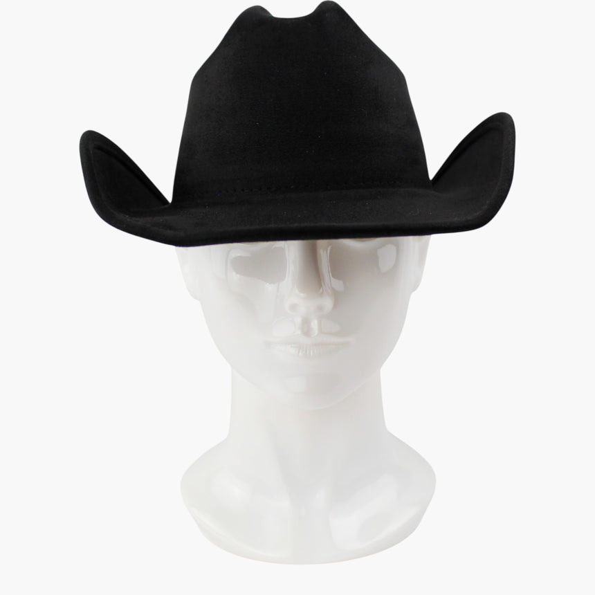 Black Faux-Suede Western hat, front view showing the cattleman crease straight on above a bare crown base