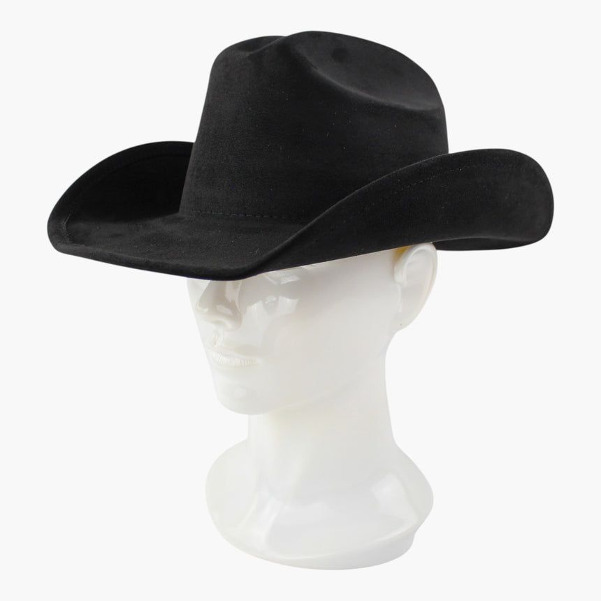 Black Faux-Suede Western hat, at a three-quarter angle showing the outer brim edge lifting as the crown rotates from view