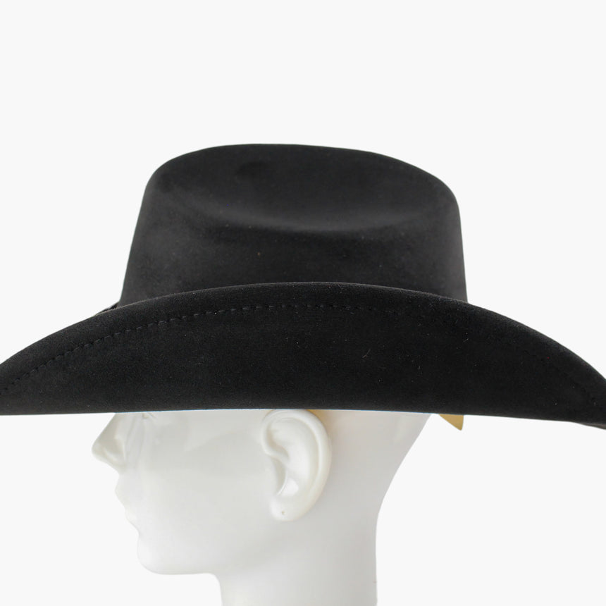Black Faux-Suede Western hat, in profile showing the topstitched line following the outer brim edge across the side