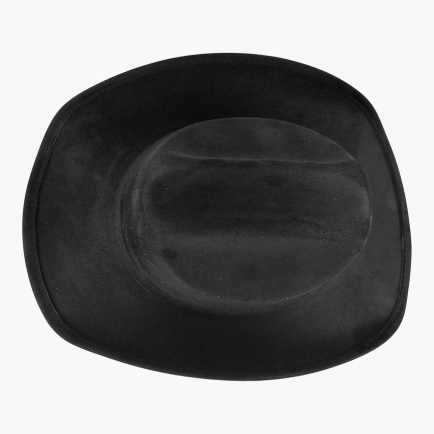 Black Faux-Suede Western hat, seen from above showing the depth of the crease against the flat of the brim