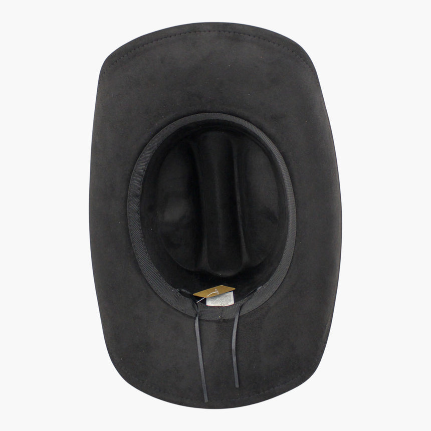 Black Faux-Suede Western hat, underside showing the sweatband with both adjuster cord tails hanging loose