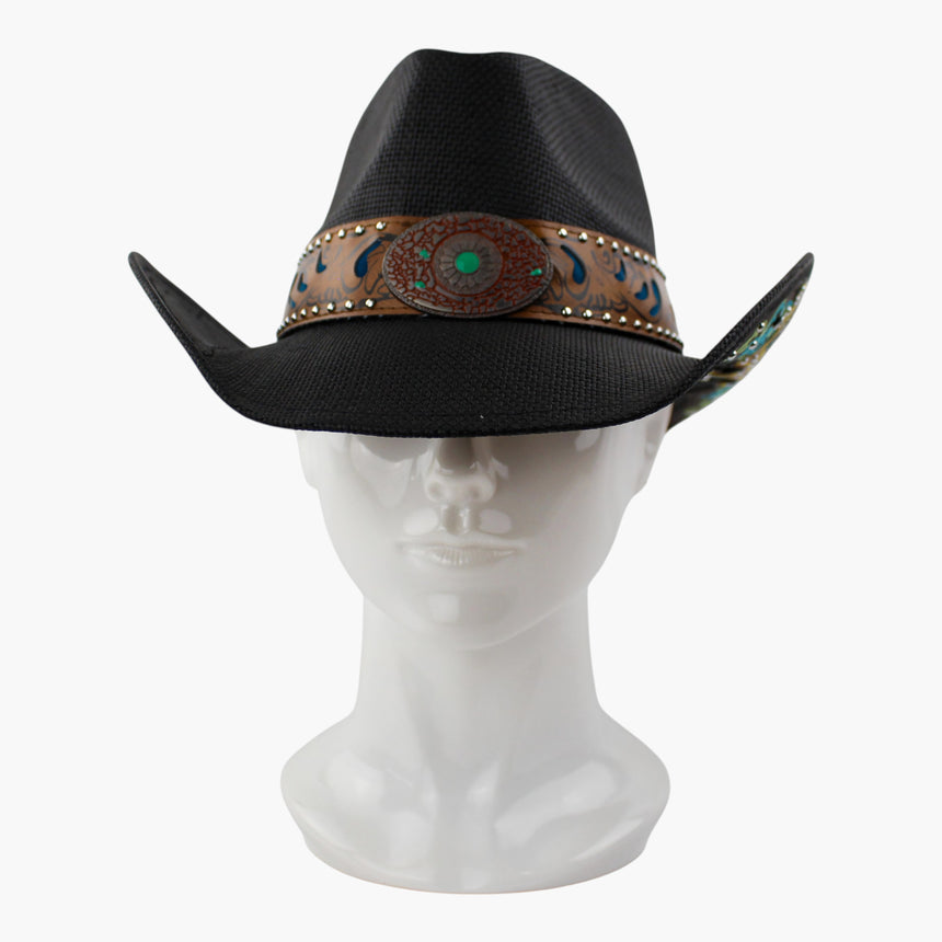 Blue-Tooled Straw Western hat, front view of the Black colorway showing the large oval concho and its green-tone cabochon
