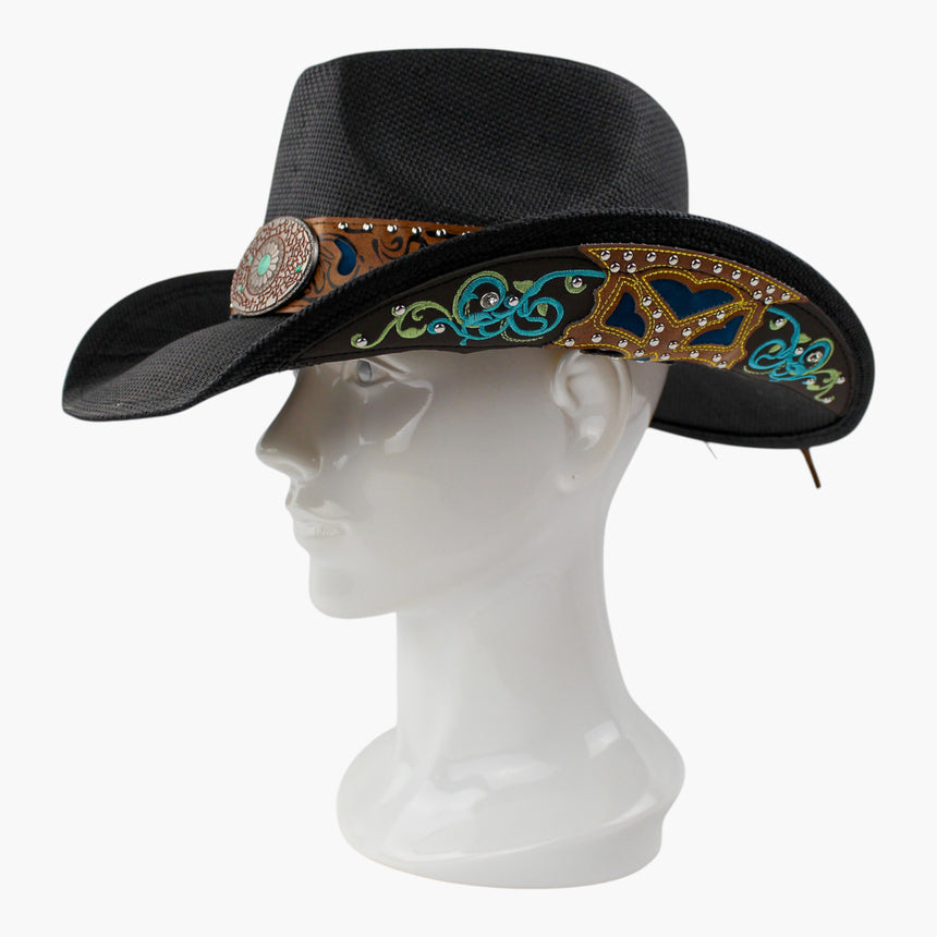 Blue-Tooled Straw Western hat, Black colorway at a three-quarter angle showing the scrollwork on the brim underside panel