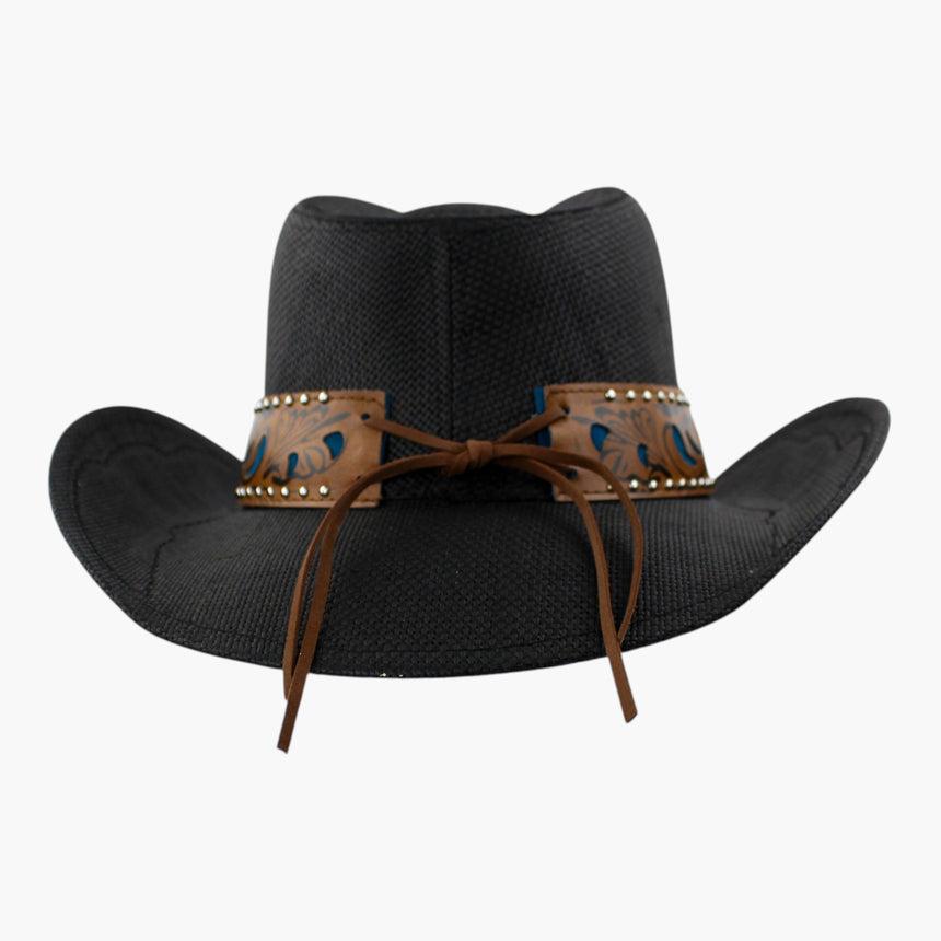 Blue-Tooled Straw Western hat, back view of the Black colorway showing the tooled band ends laced with a faux-suede tie
