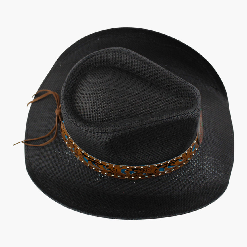 Blue-Tooled Straw Western hat, Black colorway seen from above showing the pinch-front crease with the tie tails behind