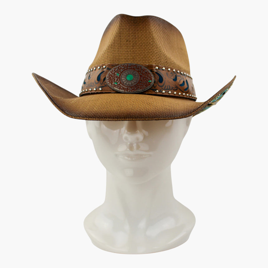 Blue-Tooled Straw Western hat, front view of the Camel colorway showing the blue-filled tooled scrollwork