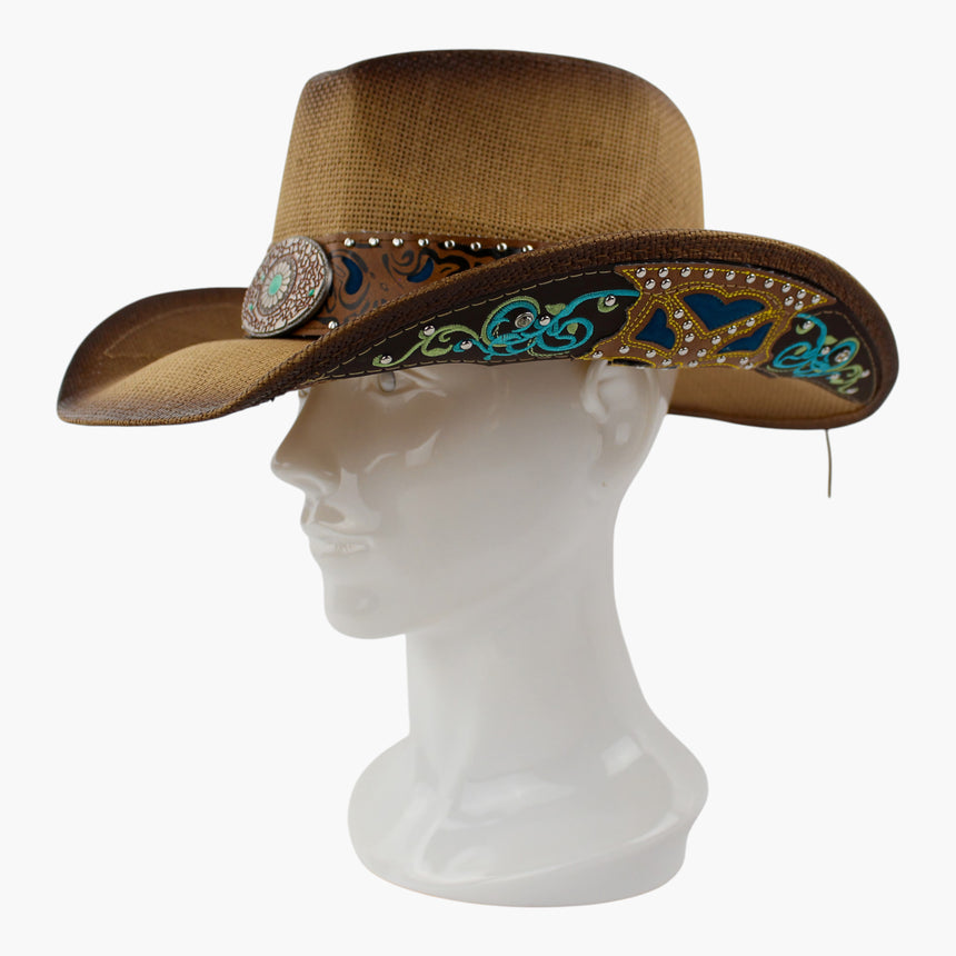 Blue-Tooled Straw Western hat, Camel colorway at a three-quarter angle showing the blue heart applique on the brim underside